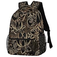 Luxurious Lotus Flower Backpack, Black Backpacks Shoulder Bag Casual Lightweight Travel Laptop Daypack Bag for Men Women