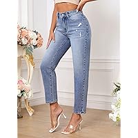 Jeans for Women Pants for Women Women's Jeans Slant Pocket Ripped Mom Fit Jeans (Color : Light Wash, Size : W30 L32)