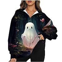 Womens Oversized Sweatshirts Hoodies Halloween Ghost Shirt Half Zip Pullover Fall Fashion Outfits 2023 Y2k Clothes