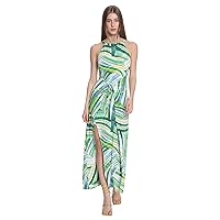 Donna Morgan womens Brushstroke Palm Tree Print Angular Halter Faux Wrap Maxi With Spaghetti Waist Tie and Side Front Slit