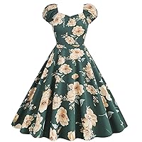Women's Puff Short Sleeve 1950s Party Dresses Flower Print Vintage Style Cocktail Rockabilly Prom Swing A-Line Dress