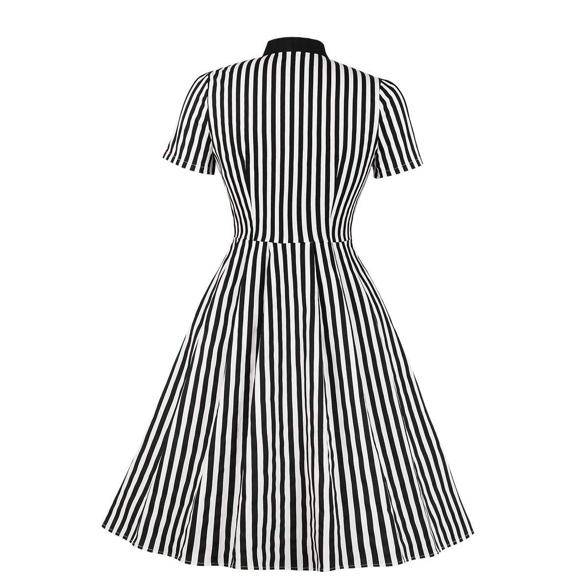 Wellwits Women's Stripes Print Tie Neck Pocket Vintage Button Down Shirt Dress