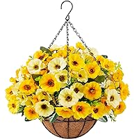 Ouddy Decor Artificial Hanging Flowers with Basket, Fake Silk Hanging Flowers in Coconut Lining Basket Artificial Hanging Plants Outdoors Indoors for Spring Garden Porch Patio Home Decor, Yellow