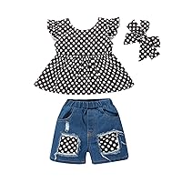 Toddler Baby Girls Summer Plaid Ruffled Button Tops+Ripped Denim Shorts Outfits Sundress Of Casual Suit Baby