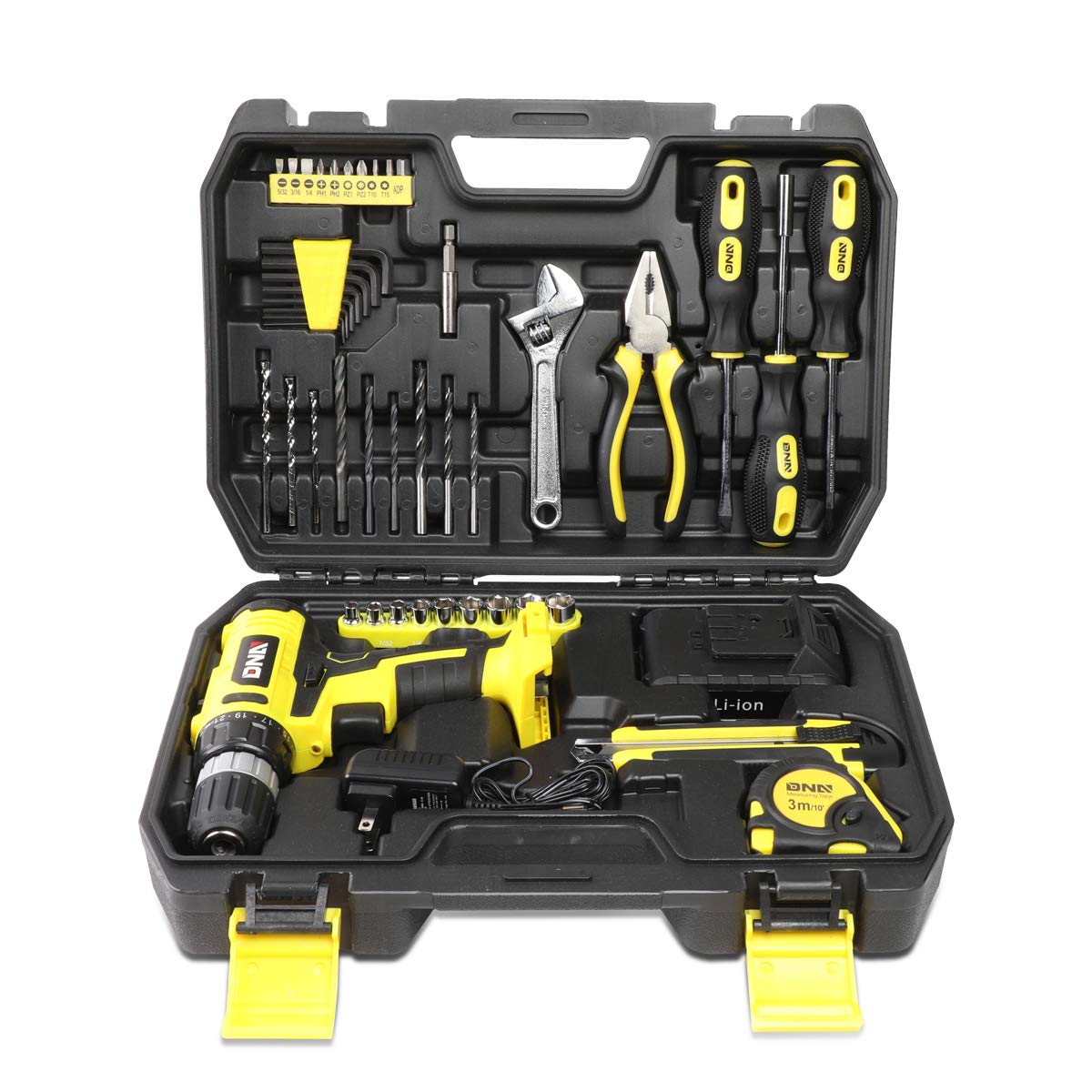 DNA MOTORING TOOLS-00019 Yellow 46 PCs 18V Cordless Drill Driver Bit Set w/Charger+Screwdrivers+Pliers Home/Offic Repair Kit