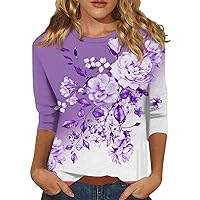 2024 Women's Fashion Casual 3/4 Sleeve Vintage Foral Print Crewneck Pullover Top