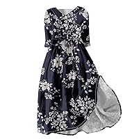 Women's Fashion Vintage Floral Print Lapel Button Three Quarter Sleeves Boho Dress 2024 Trendy Beach Sundress