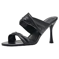 Women Two Straps Heeled Sandals Easy Slide Square Toe Heeled Sandals Twisted Leather Slip Ons
