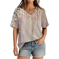Black Cotton T Shirts for Women Short Sleeve, Women's T-Shirt V Neck Casual Loose Top Floral Tops Oversized, S XXXL