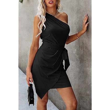 PRETTYGARDEN Women's Fashion One Shoulder Ruched Bodycon Fitted Cocktail Party Mini Dress