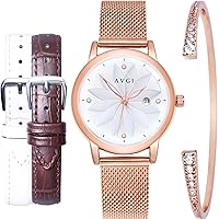 AVGI Women's Date Waterproof Watch with Replacement Band, Gold + White + Brown + Breath