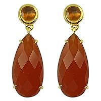 Orange Onyx Round Shape Gemstone Jewelry 925 Sterling Silver Drop Dangle Earrings For Women/Girls | Yellow Gold Plated