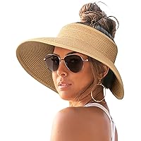 FURTALK Sun Visor Hats for Women Wide Brim Straw Roll-Up Ponytail Summer Beach Hat UV UPF Packable Foldable Travel