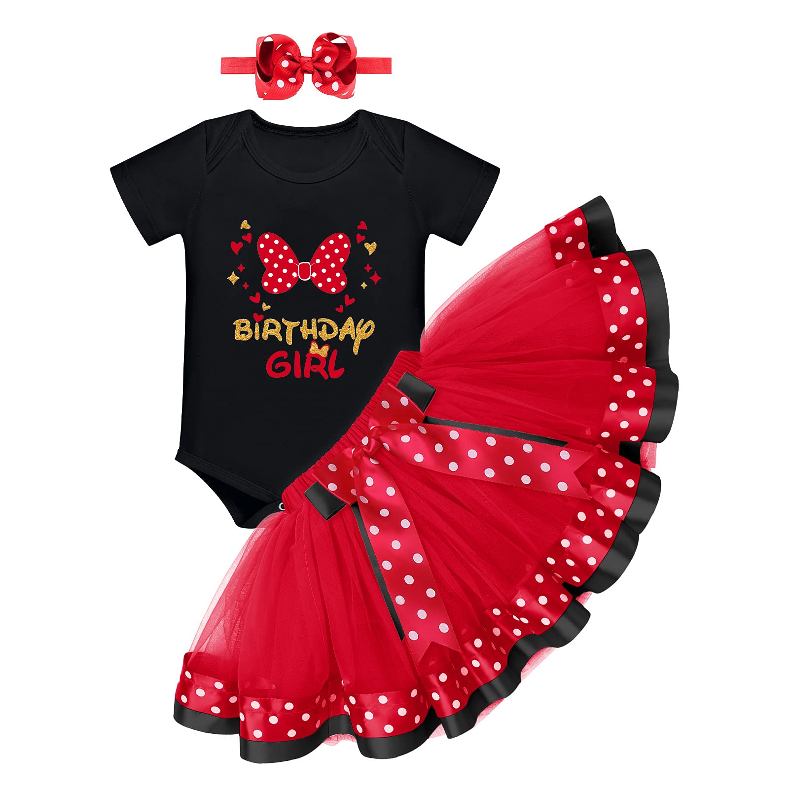 Baby Girls Half 1st 2nd Birthday Outfit Romper Polka Dots Tutu Skirt Mouse Bowknot Headband for Cake Smash Photo Shoot