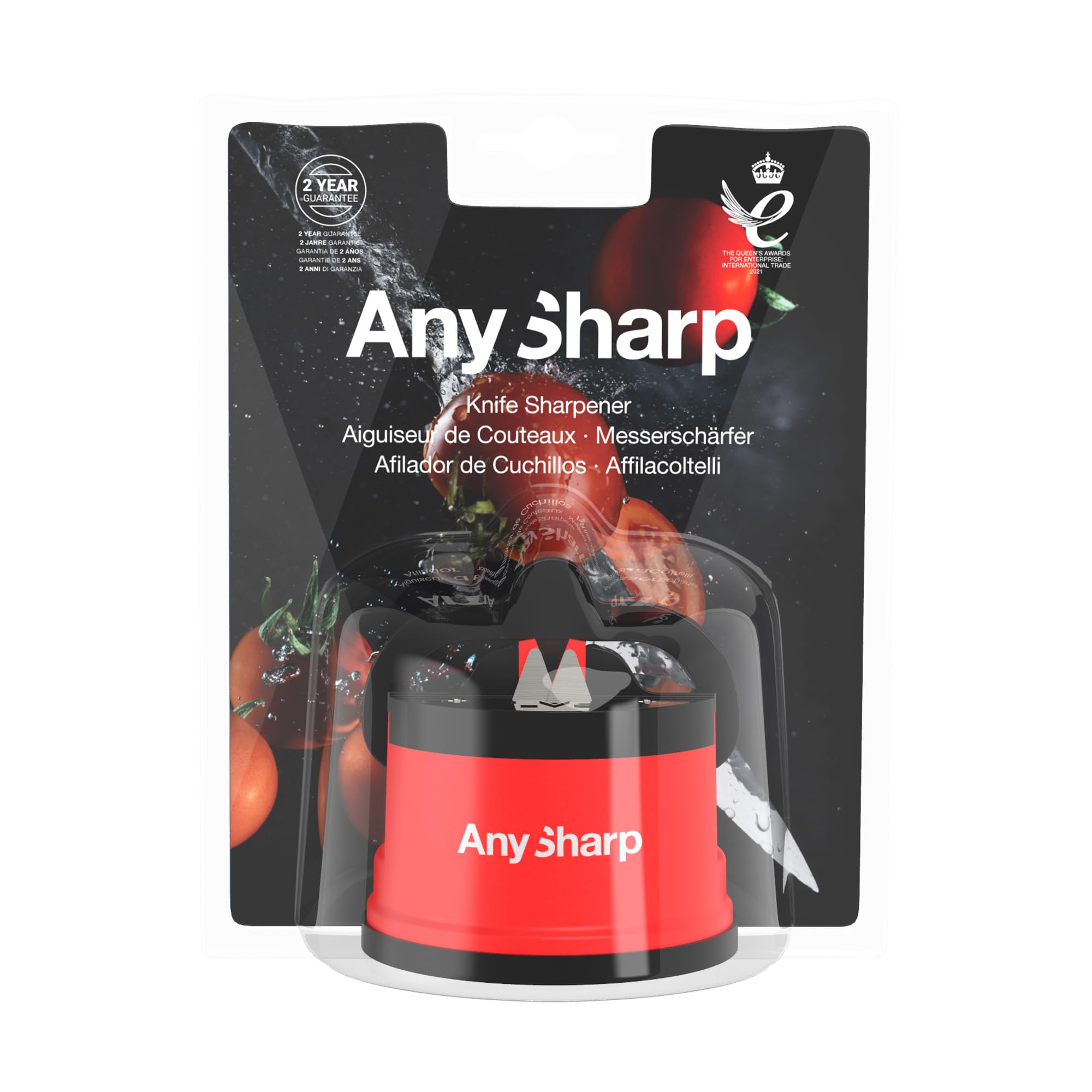 AnySharp Knife Sharpener, Hands-Free Safety, PowerGrip Suction, Safely Sharpens All Kitchen Knives, Ideal for Hardened Steel & Serrated, World's Best, Compact, One Size, Red