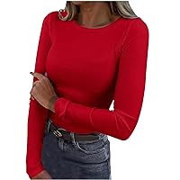 Women's Long Sleeve Shirts Scoop Neck Ribbed Knit Tunic Tops Solid Color Slim Fitted Casual Basic Blouses