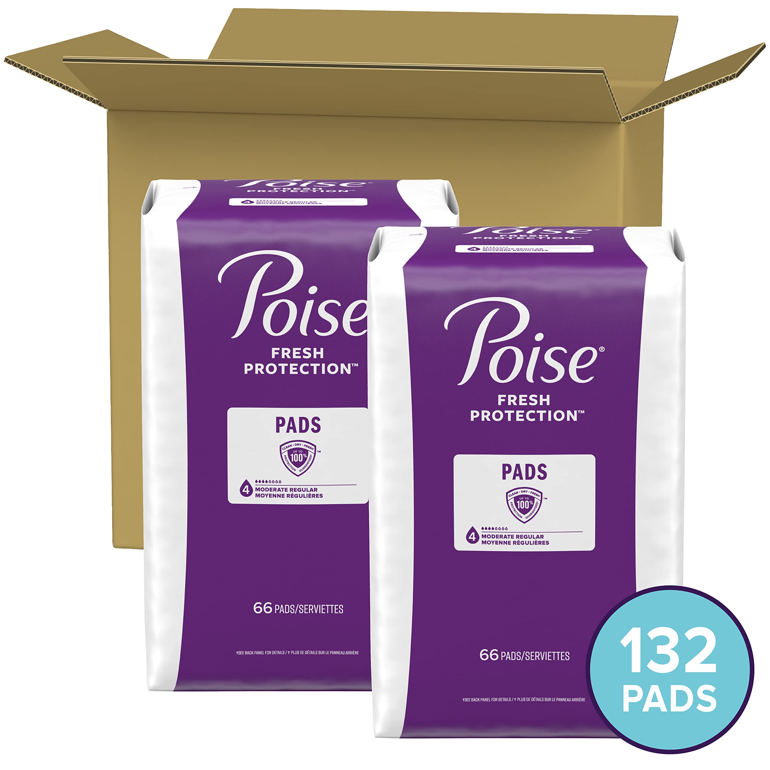 Poise Incontinence Pads & Postpartum Incontinence Pads, 4 Drop Moderate Absorbency, Regular Length, 132 Count