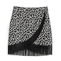 Spring Slim Female Print Skirt High Waist Side Zipper Retro Tassel Asymmetrical Hem Mini Skirt Woman (Color : D, Size : Large)