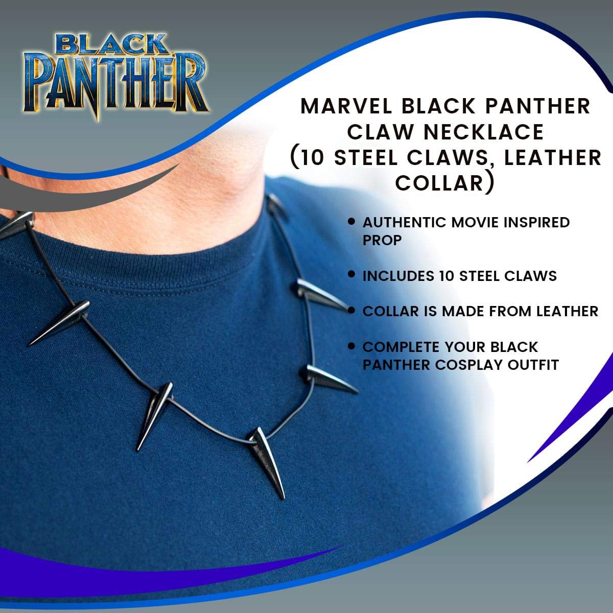 Black Panther Claw Necklace – Authentic Marvel comics Cosplay Pendant Wakanda King T’Challa [10 steel claws, leather collar] Cool superhero jewelry/accessory for Halloween Costume, Action Figure Party