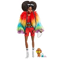 Barbie Extra Doll and Accessories with Afro-Puffs in Shaggy Rainbow Coat & Athleisure Look with Pet Poodle