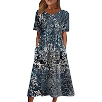 Stylish Winter Pub Tunic Dress Women Short Sleeve Plus Size Cotton Fitted Dresses for Women Flairy Round Blue M