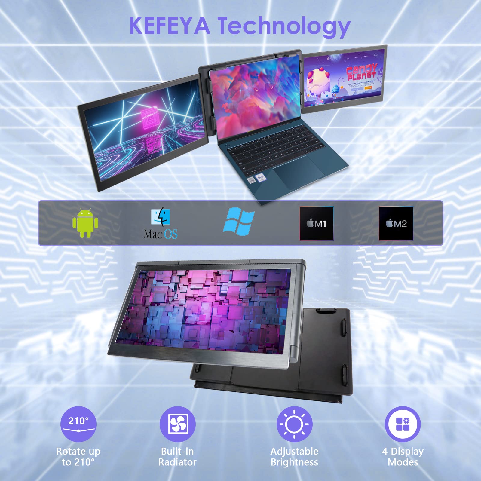 KEFEYA Laptop Screens Extender Triple, Dual 13.3” FHD IPS Display, Portable Monitor for Laptop for 13”-16.5” & Ultimate Compatibility with MAC Windows