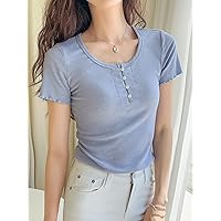 Women's T-Shirt Rib-Knit Lettuce Trim Button Front Tee T-Shirt for Women (Color : Blue, Size : X-Large)