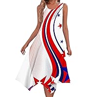 Womens 4th of July American Flag Dresses Casual Round Neck Sleeveless Independence Day Irregular Hem Midi Dress