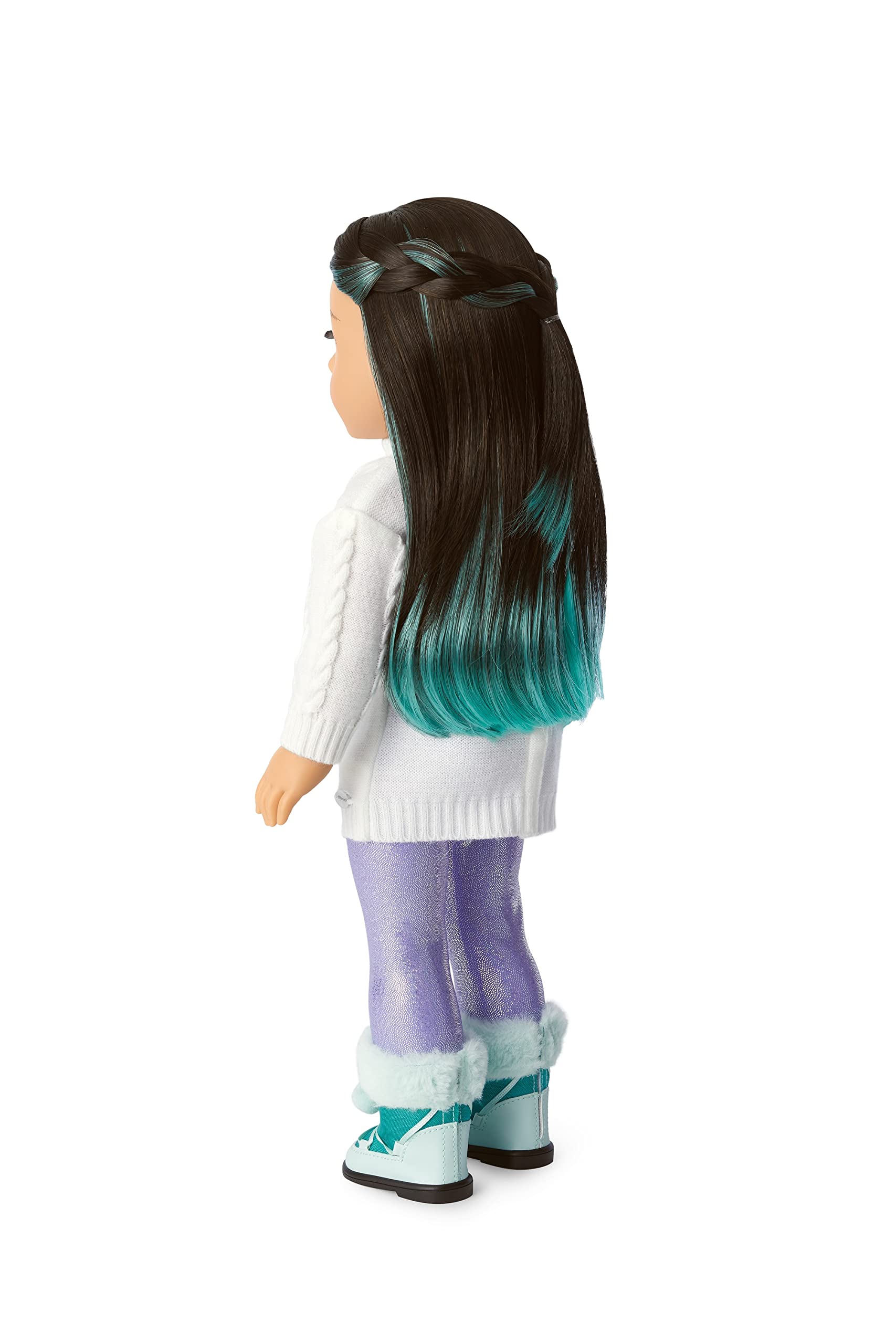 American Girl 2022 Girl of The Year Corinne 18-inch Doll & Book with Brown Eyes, Long Black Hair, Turquoise Layers, a White Cable-Knit Sweater, Iridescent Purple Leggings, and Paperback Book