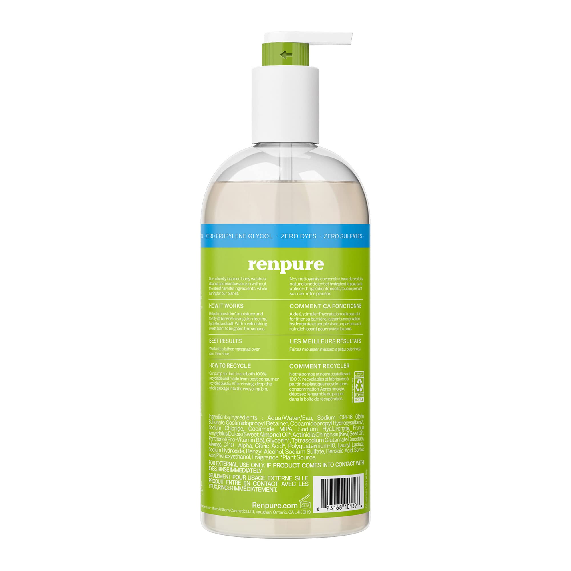 Renpure Kiwi and Hyaluronic Acid Ultra Hydrating Body Wash - Leaves Skin Moisturized - Rids Skin of Daily Grime - Gentle Formula - Dye and Paraben Free - Recyclable, Pump Bottle Design - 24 fl oz