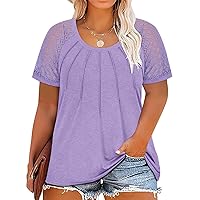 RITERA Plus Size Tops for Women Crewneck Short Sleeve Lace Flower Pleated Front Tshirt Casual Summer Blouse XL-5XL
