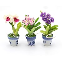 Dollhouse Flower Miniature Orchids Purple in Pots Set 3 Pots Dollhouse Decoration Made of Artificial Clay Realistic it Very Cute.