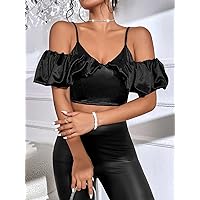 Women's Tops Women's Shirts Sexy Tops for Women Cold Shoulder Puff Sleeve Zipper Back Satin Crop Top (Color : Black, Size : Small)