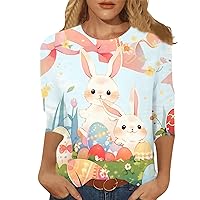 Happy Easter Shirts for Women Summer 3/4 Sleeve Cute Bunny Graphic Tees Easter Tshirts Shirts Letter Print Top