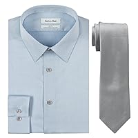 Calvin Klein Men's Blue Slim Fit Herringbone Dress Shirt and Silver Spun Tie Combo, Blue/Silver, 14.5