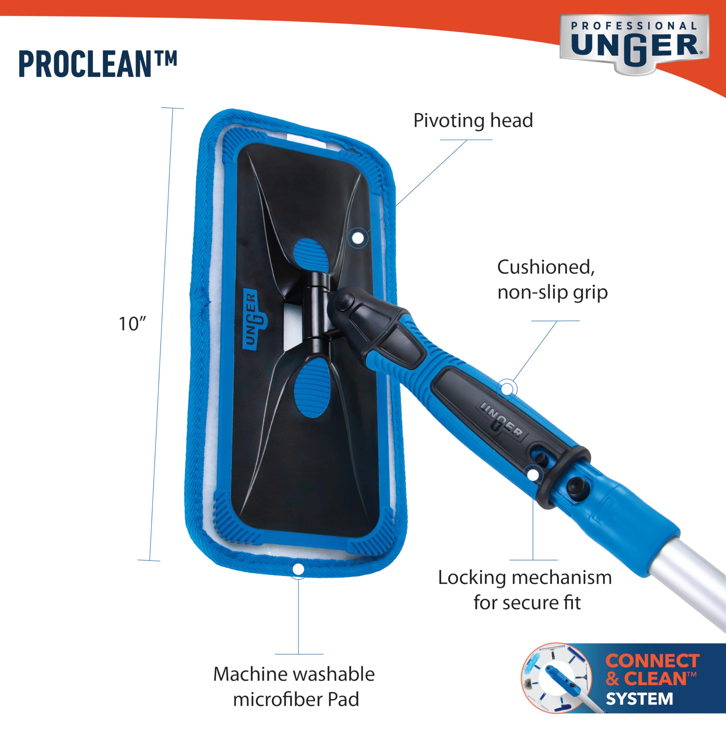Unger ProClean Indoor Window Cleaner, Tool for Window, Glass, and Mirror Cleaning, Streak-Free Results, Reusable Microfiber Pads for Sustainability