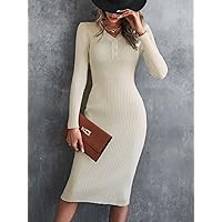 TLULY Sweater Dress for Women Ribbed Knit Quarter Button Sweater Dress Sweater Dress for Women (Color : Apricot, Size : Small)