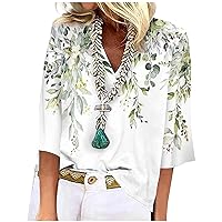 Casual Summer Tunics Tops for Women 3/4 Sleeve Shirts Lace V Neck Dressy Tops Trendy Vacation Floral Blouses