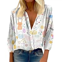 3/4 Sleeve Tops for Women Funny 3D Bunny Printed Button Down Womens Blouses Dressy Casual Loose Easter Cute Shirts