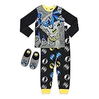 BATMAN Boys 2 Piece Pajama Set with Slippers, Size 4-10 Navy