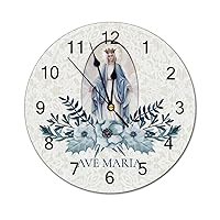 PVC Wall Clock with Blessed Virgin Mary Blue Flowers Lace Round Wall Clock for Home Wall Office Decoration 12 Inches.