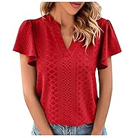 Women Dressy Trendy Tops Flutter Sleeve T Shirt Elegant V Neck Work Tshirt Casual Summer Tops Plain Fitted Blouse