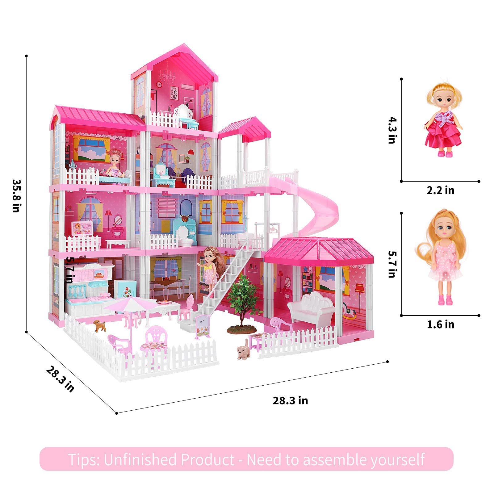 TEMI Doll House Dreamhouse Girl Toys - 4-Story 11 Doll House Rooms with Doll Toy Figures, Furniture and Accessories, Toddler Playhouse Christmas for 3 4 5 6 7 Year Old Girls