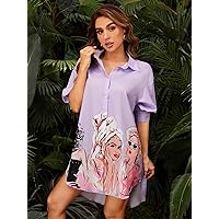 Dresses for Women - Figure Graphic Button Front High Low Lantern Sleeve Dress (Color : Mauve Purple, Size : X-Large)