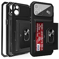 UBeesize Case for iPhone 13 with Card Holder 3in1 Wallet Phone Case with Ring Kickstand 360 Rotate Protective Case Shockproof TPU+PC Durable Black