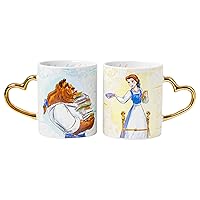 Disney Princess Beauty and the Beast Don't Mind the Books Gold Heart Shaped Handle 2 Pack Ceramic Mug Set, 14 Ounces