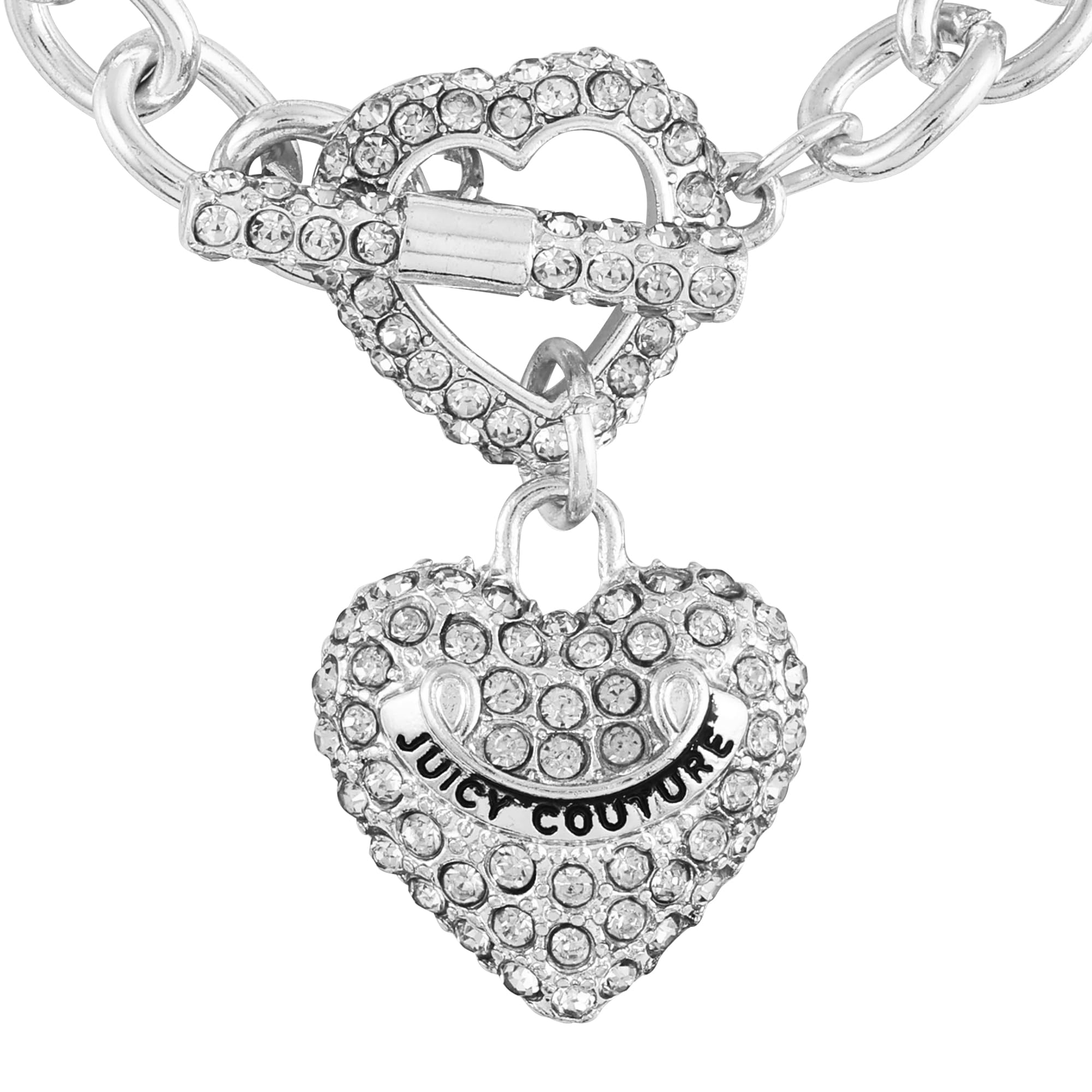Juicy Couture Silvertone Glass Stone and Heart Charm Toggle Bracelet