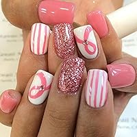Breast Cancer Awareness Press on Nails Medium Square Fake Nails Pink Ribbon False Nails with Pink Glitter Rhinestones Stripe Design Breast Cancer Acrylic Nails Reusable Stick on Nails for Women,24 Pcs