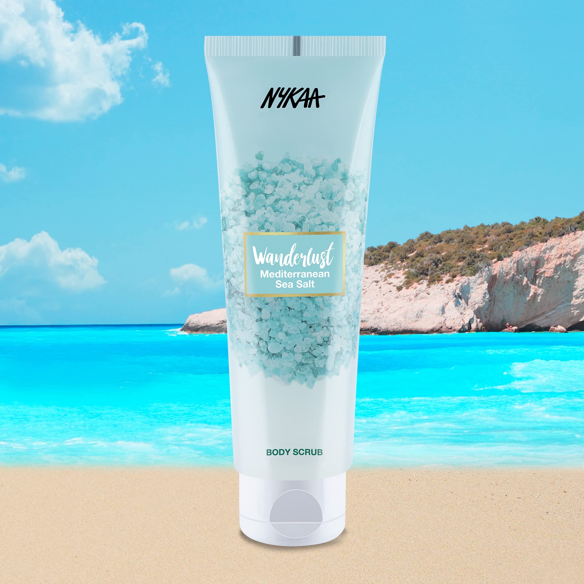 Nykaa Wanderlust Mediterranean Sea Salt Body Scrub - Enriched with Aloe Vera - Prevents Moisture Loss, Reviving Dull and Dry Skin - Sodium and Sulphate Free, Paraben Free - 140gm