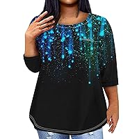 Plus Size Summer Shirts Plus Size Tops for Women 2024 Sparkly Casual Fashion Loose Fit Trendy with 3/4 Length Sleeve Round Neck Shirts Blue 4X-Large
